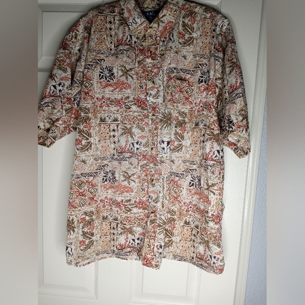 Big Dogs L White Brown Tropical Design Shrt Slve Pocket ButtonUp Shirt Mens